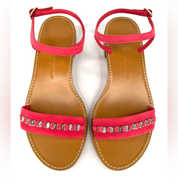 Salvatore Ferragamo Tremiti Gancini Chain Logo Pink Suede Ankle Strap Sandals 7 - Picture 3 of 13